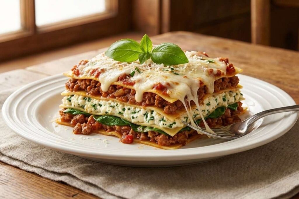 Cottage cheese lasagna slice showing layers, high-protein comfort food recipe