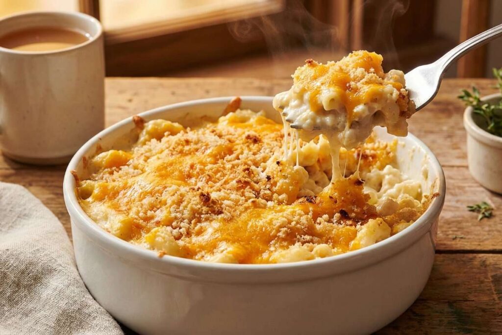 Cottage cheese mac and cheese with golden cheddar topping, high-protein comfort food