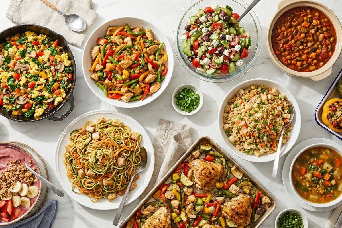 10 volumetric eating recipes with giant portions including veggie scramble, chicken stir-fry, and Greek salad for weight loss