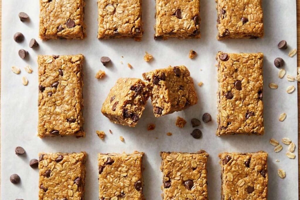 Homemade cottage cheese protein bars with chocolate chips, high-protein snacks