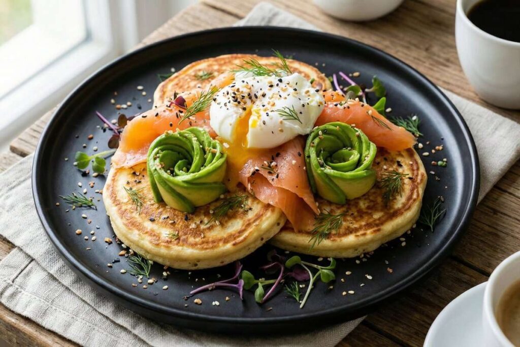 Savory cottage cheese pancakes with smoked salmon and poached egg, high-protein brunch