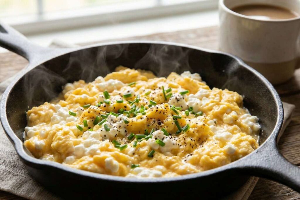 Creamy scrambled eggs with cottage cheese in cast iron skillet, high-protein breakfast