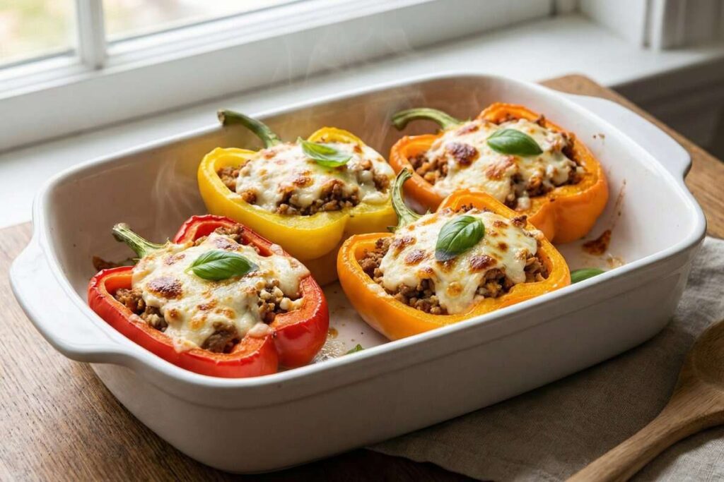 Cottage cheese stuffed peppers with turkey and melted cheese, high-protein dinner recipe