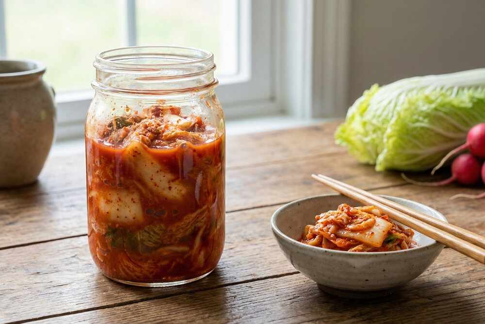 Fermented kimchi with probiotics for gut microbiome health