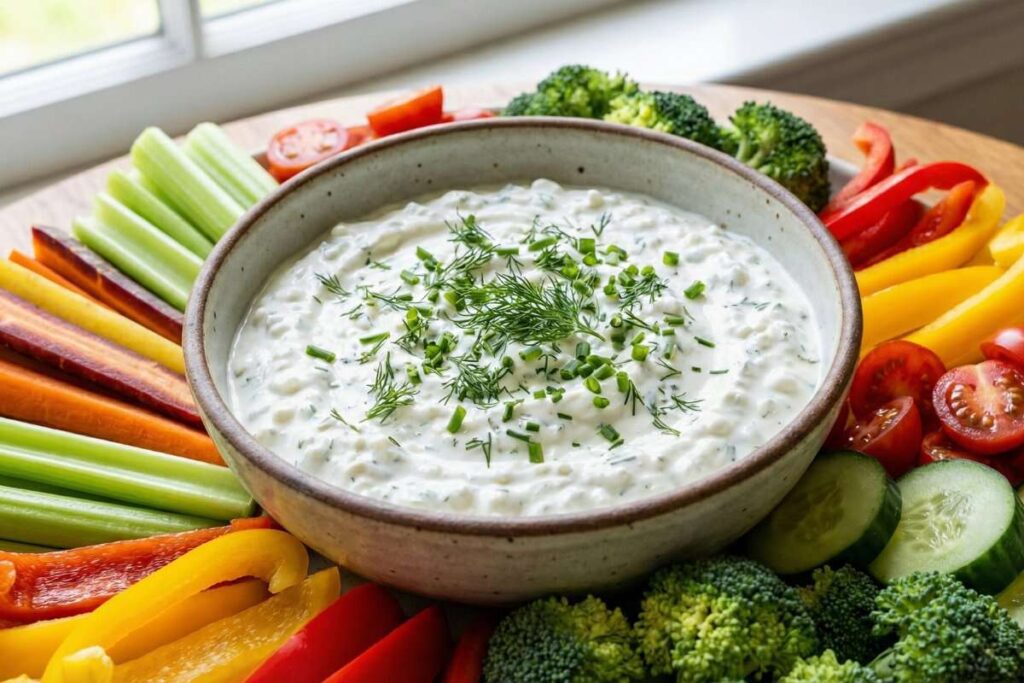 Cottage cheese ranch dip with fresh vegetables, high-protein healthy snack