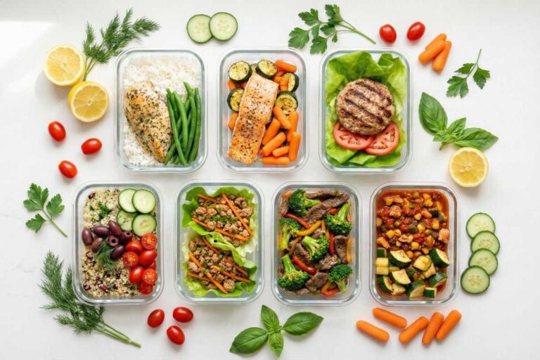 Low FODMAP meal prep containers with colorful healthy meals for IBS-friendly weekly meal planning on white kitchen counter
