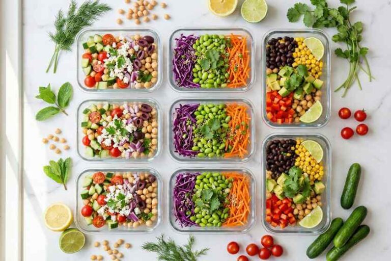 No cook chickpea salad meal prep containers with colorful healthy salads on white kitchen counter for quick summer lunches