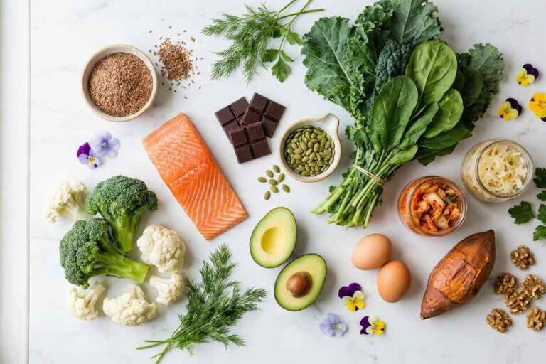 Hormone balancing foods display including salmon, broccoli, flax seeds, and dark chocolate on white marble counter