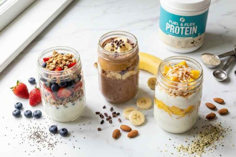High protein parfait recipes display with Greek yogurt berries nuts seeds protein powder on marble counter