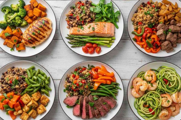 30 minute high protein dinners with chicken salmon beef and vegetarian recipes on plates