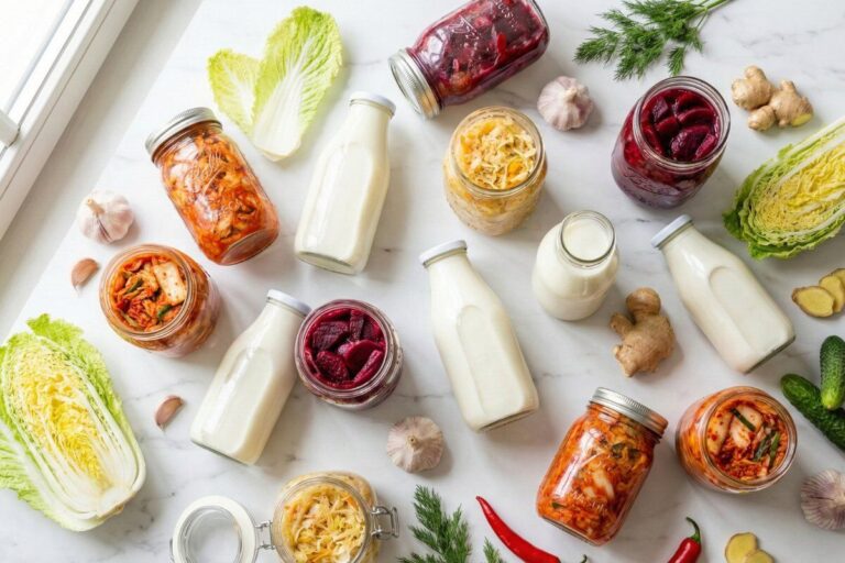 Probiotic rich foods recipes - fermented foods in mason jars including kimchi, sauerkraut, and kefir