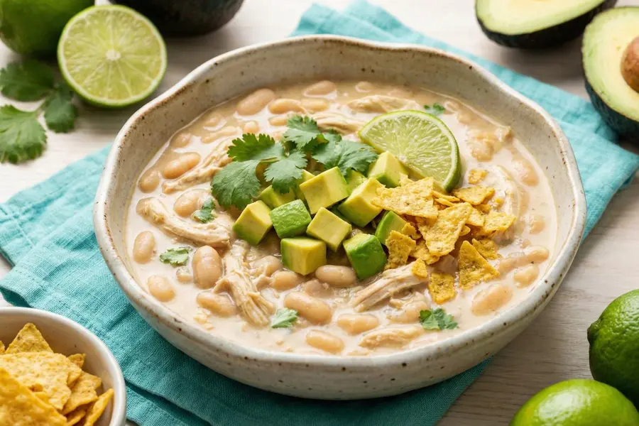 White chicken chili slow cooker high protein meal with white beans avocado cilantro lime and crushed tortilla chips
