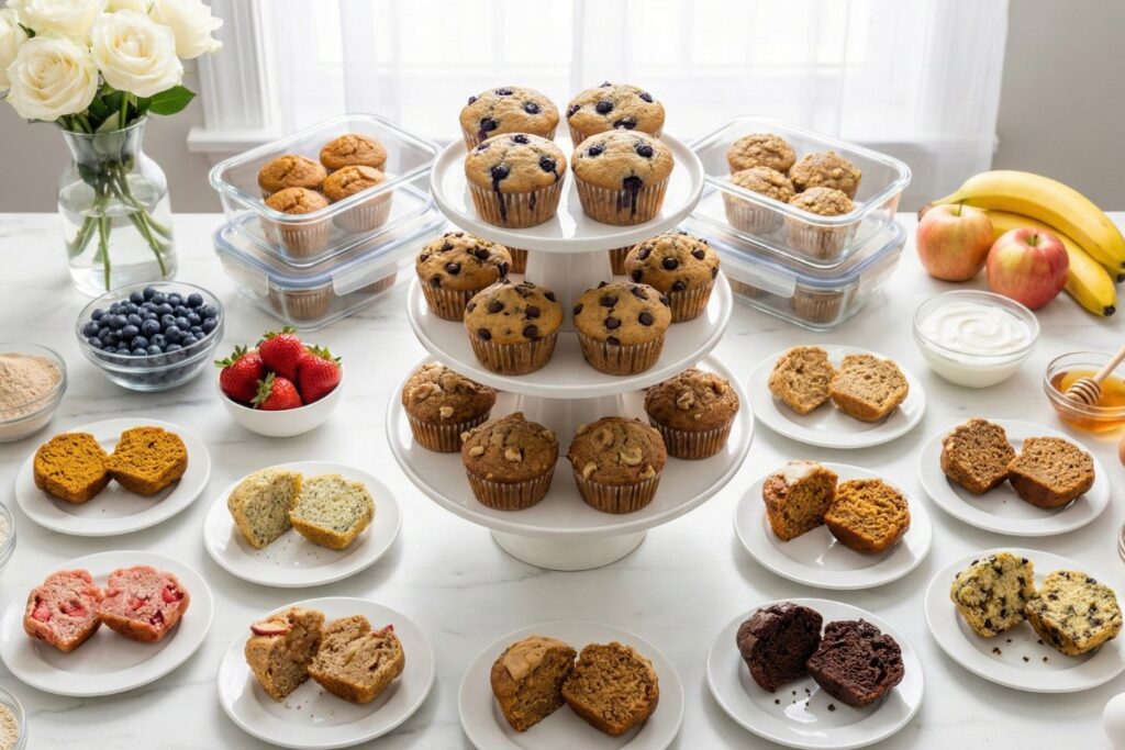 12 protein muffins meal prep varieties displayed elegant three tier stand
