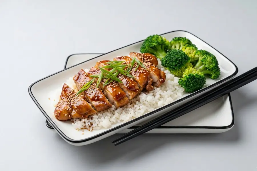Teriyaki chicken slow cooker high protein meal with glazed chicken sesame seeds green onions over rice with broccoli