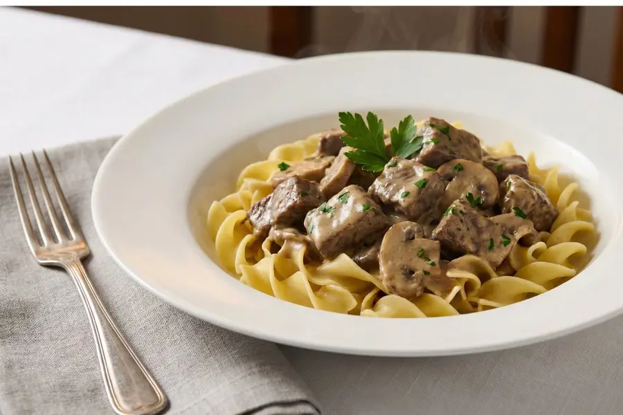 Beef stroganoff slow cooker high protein meal with tender beef chunks mushrooms in creamy sauce over egg noodles