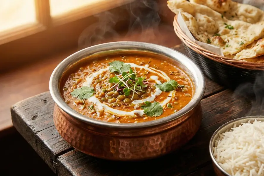 Lentil curry slow cooker high protein plant-based meal in copper bowl with coconut cream swirl cilantro and naan bread