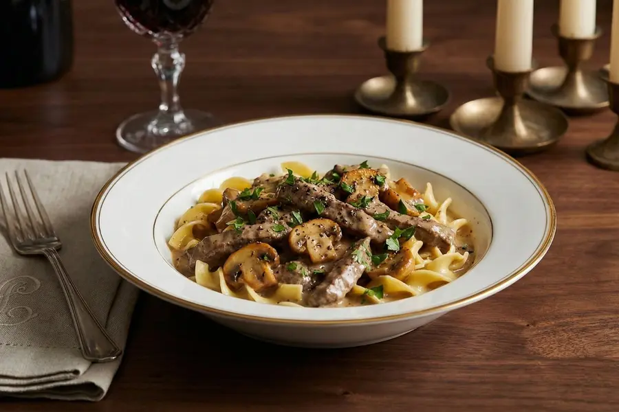 Beef stroganoff slow cooker meal in white porcelain bowl with egg noodles and mushrooms