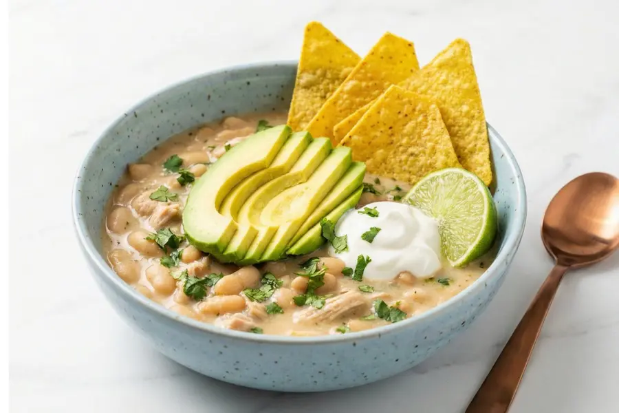 White turkey chili slow cooker high protein meal with avocado slices cilantro Greek yogurt and lime in blue ceramic bowl