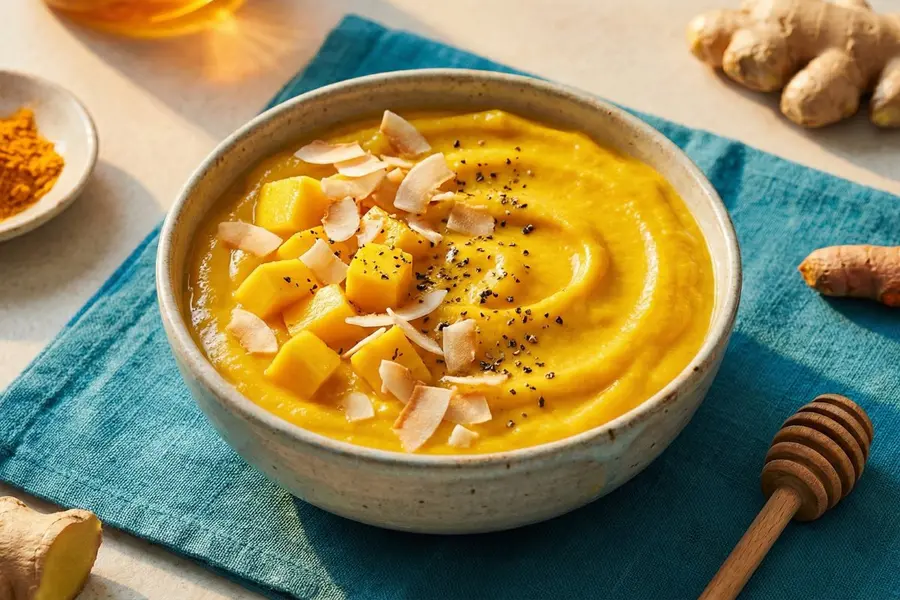 Golden turmeric brain blend smoothie in ceramic bowl with mango and ginger