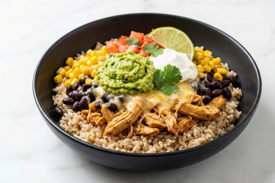 Chicken burrito bowl slow cooker high protein meal prep with layered rice black beans corn cheese avocado in black bowl