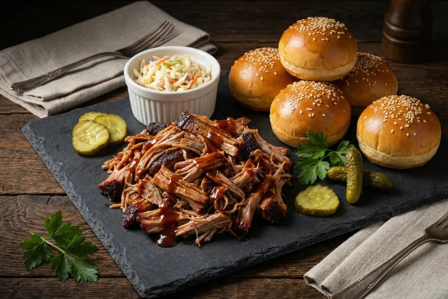 Pulled pork slow cooker high protein meal on slate board with brioche slider buns pickles and coleslaw
