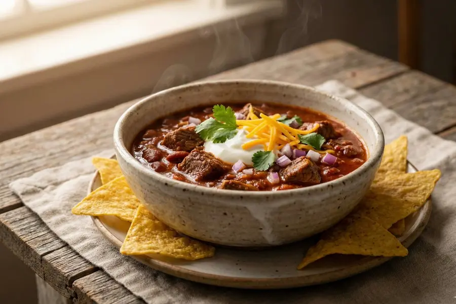Slow cooker beef chili high protein meal topped with cheddar cheese Greek yogurt cilantro and tortilla chips in ceramic bowl